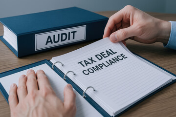 Tax deal compliance concept with hands holding document in binder near audit folder on wooden table