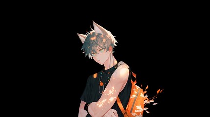Young anime man, animal like ears, green eyes, magical aura, black background, orange backpack