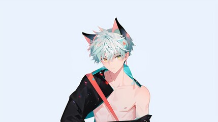 Anime male character portrait, white hair, cat ears, yellow eyes, black jacket, red strap, fantasy.