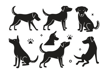 Adorable black dog silhouettes collection various poses