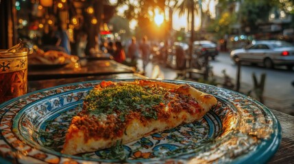 Lahmacun on decorative plate overlooking vibrant Baghdad street at sunset © Iurii