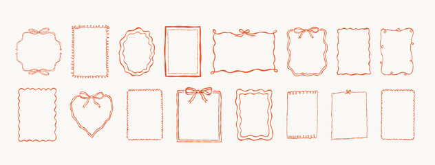 A set of hand drawn decorative frames and borders in a whimsical, aesthetic style. Includes a variety of rectangular, round, and heart-shaped designs featuring ribbons and bows. 