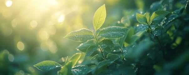 close-up of fresh green leaves glowing under sunlight, set against a softly blurred nature background, Generative AI