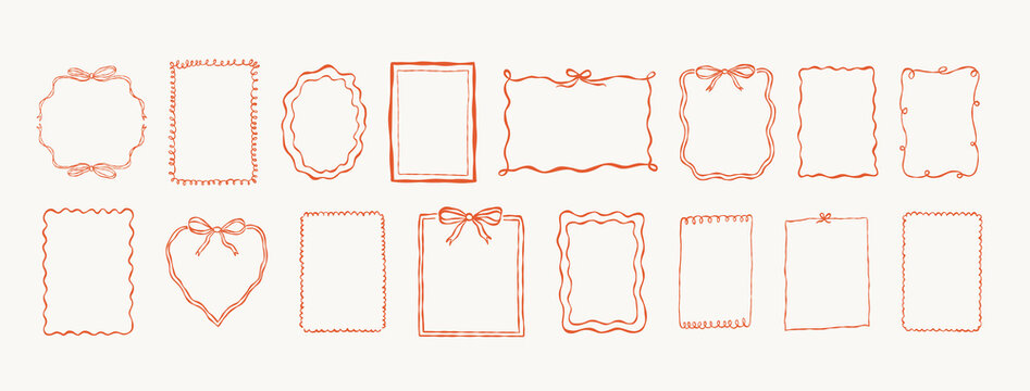 A set of hand drawn decorative frames and borders in a whimsical, aesthetic style. Includes a variety of rectangular, round, and heart-shaped designs featuring ribbons and bows. 