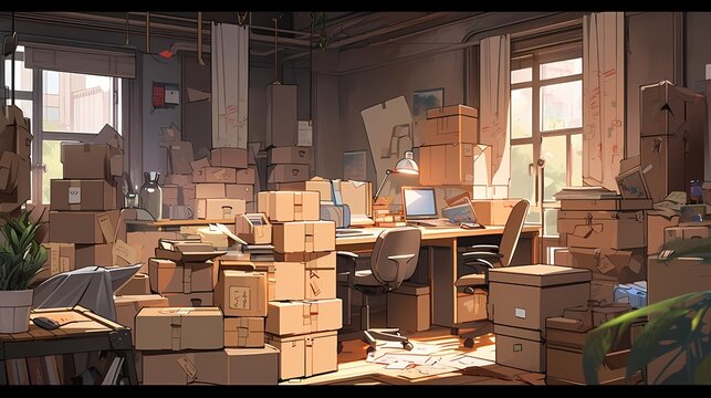 Cluttered workspace with boxes, desk, chair, and potted plant.