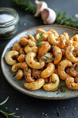 Naklejka premium Roasted Garlic and Herb Cashews coated in a flavorful garlic and herb seasoning blend of dried rosemary, thyme, and garlic powder, arranged on a ceramic plate.