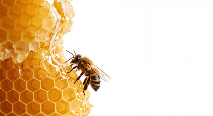 Honeybee collecting nectar from honeycomb in bright light  