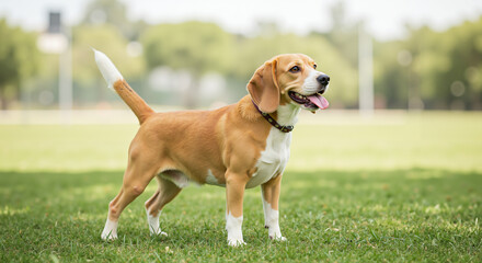 Happy beagle dog standing on green grass in sunny park  