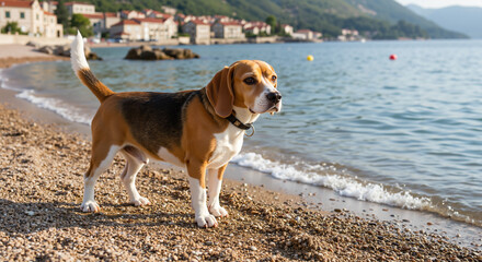 Beagle dog standing on beach beside tranquil water during daylight  