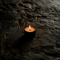A black candle, lit with a small flame, creates a minimalistic atmosphere with a warm glow, surrounded by darkness and high contrast lighting.