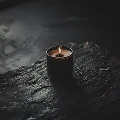 A black candle, lit with a small flame, creates a minimalistic atmosphere with a warm glow, surrounded by darkness and high contrast lighting.