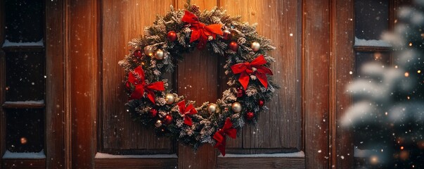 glowing wreath made of silver bells, holly sprigs, and golden ribbons, hanging on a rustic wooden door with falling snow, Generative AI
