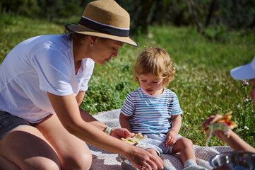 Mother and Child Enjoying a Relaxing Picnic in a Scenic Mountain Meadow on a Summer Day