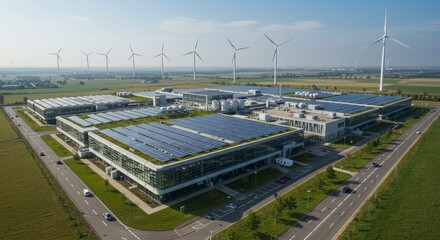 Sustainable Energy Campus - Aerial view of a modern, eco-friendly industrial complex powered by solar panels and wind turbines