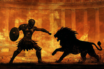 A gladiator fighting a lion in the Colosseum silhouette