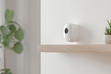 A minimalist home security camera is mounted on a white wall above a wooden shelf, blending seamlessly into a modern, plant-accented living space.