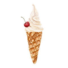 Watercolor hand drawn illustration with vanila ice cream with cherry in a waffle cone . National ice cream day. Can be used on fabrics and paper products and other. 