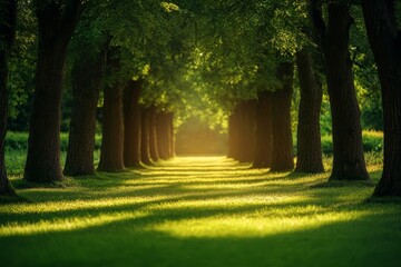 Obraz premium vibrant summer park with blurred trees and glowing green bokeh, ideal for a nature-inspired banner, Generative AI