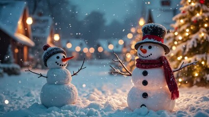 christmas celebration with snowman in the village
snow drop, seamless looping time-lapse virtual video animation background.
 - Powered by Adobe