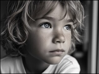 A Child's Reflection: A striking portrait of a young child with piercing blue eyes and golden locks. This captures the essence of innocence, contemplation, and the journey of youth.