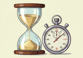 Time Measurement: Hourglass and Stopwatch Illustration - A visual representation of time, showcasing an hourglass and stopwatch. Symbolizes measurement, passage, urgency, precision