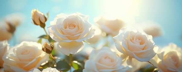 close-up of delicate white roses glowing under the sunlight, set against a cloudless blue sky, Generative AI