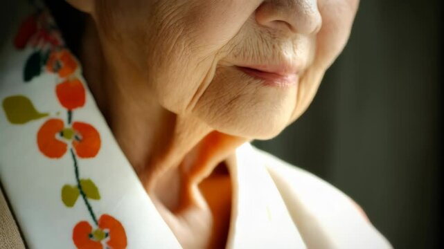 Detailed close-up of an elderly woman's face highlighting wrinkles, fine lines and texture with warm lighting and floral patterned garment.