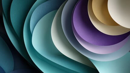 Abstract Composition of Layered Colors: An elegant and artistic visual composed of curved, layered shapes in a spectrum of calming colors, perfect for adding a touch of modern style.