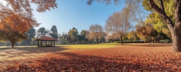 picturesque autumn park with leaves in shades of red and gold, scattered on the ground beneath vibrant trees, Generative AI
