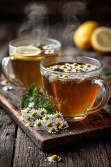 Fototapeta premium Two steaming herbal teas with lemon slices, rosemary, ginger, and lavender on wooden tray, rustic setting, concept of natural wellness drink