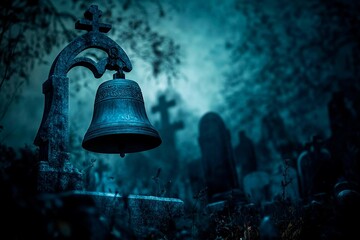Obraz premium Mysterious antique church bell stands in foggy cemetery at night among ancient stone tombs