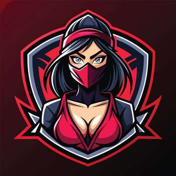 Stylish female ninja mascot logo designed for an electronic sport team featuring bold colors and fierce expression ideal for competitive gaming