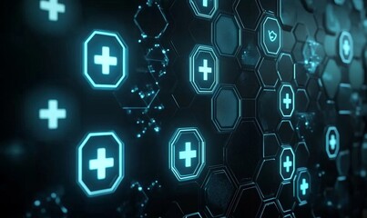 conceptual design for digital healthcare with glowing medical cross icons and hexagonal patterns, Generative AI