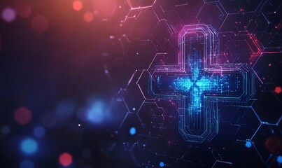 conceptual design for digital healthcare with glowing medical cross icons and hexagonal patterns, Generative AI