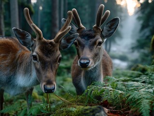 Deer Duo in the Verdant Woodland: A portrait of two majestic deer, their antlers proudly displayed, standing amidst the lush greenery of a serene forest, evoking a sense of wonder and natural beauty.