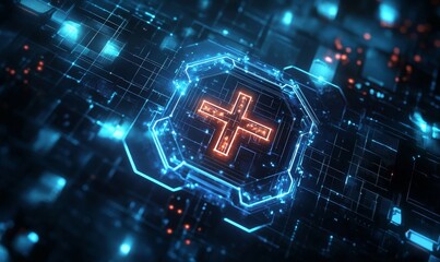 conceptual design for digital healthcare with glowing medical cross icons and hexagonal patterns, Generative AI