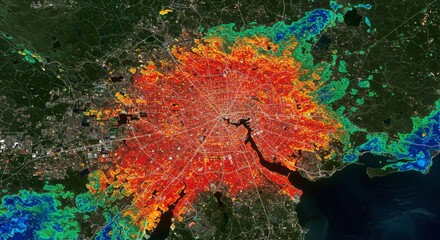 Urban Heat Island Effect Visualization - Satellite depicting urban heat island effect, showing temperature variations across a city and surrounding areas