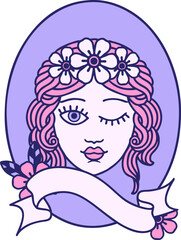 traditional tattoo with banner of a maiden with crown of flowers winking