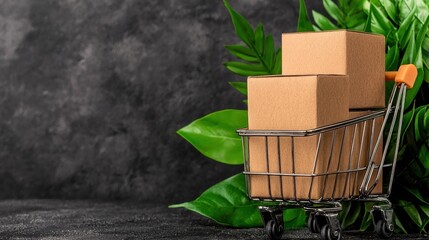 Eco Friendly Cardboard Boxes in a Shopping Cart with Tropical Leaves