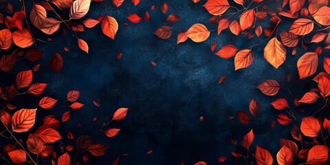 navy blue background with scattered autumn leaves in shades of red and orange, forming a luxurious design, Generative AI