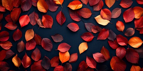 navy blue background with scattered autumn leaves in shades of red and orange, forming a luxurious design, Generative AI