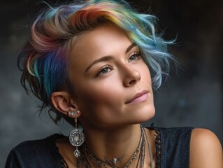 Rainbow Hair Portrait: Portrait of a woman with vibrant, rainbow-colored hair styled in a modern cut, looking off with a thoughtful expression.
