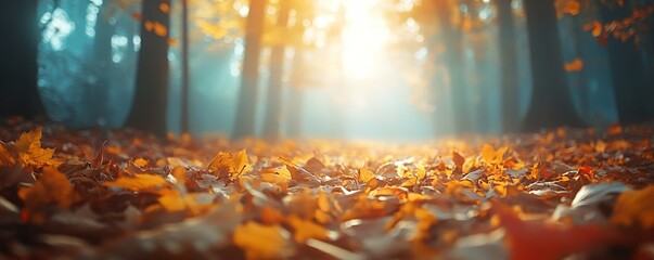 serene autumn landscape with golden and red leaves blanketing the forest floor, illuminated by soft sunlight, Generative AI