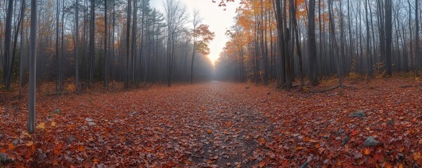 serene autumn landscape with golden and red leaves blanketing the forest floor, illuminated by soft sunlight, Generative AI
