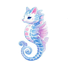 Watercolor Illustration of a Feline Seahorse Hybrid on a White Background