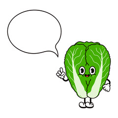 Happy cartoon Napa Cabbage character pointing and speaking with empty speech bubble, ideal for healthy food and vegan concepts
