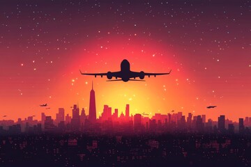 flat illustration of an airplane soaring above a silhouette cityscape with a vibrant orange gradient sky, Generative AI