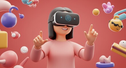 Virtual Reality Girl Exploring World - Young woman wearing VR headset, immersed in colorful 3D environment, interacting with playful objects, symbolizing innovation, technology, fun, exploration