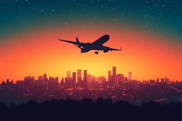 flat illustration of an airplane soaring above a silhouette cityscape with a vibrant orange gradient sky, Generative AI
