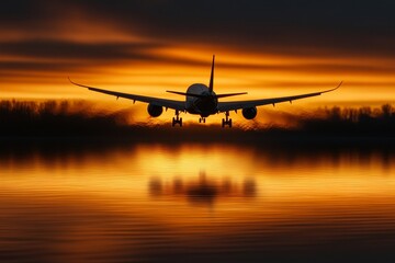 plane taking off at sunset, captured with the golden light reflecting off its wings, Generative AI